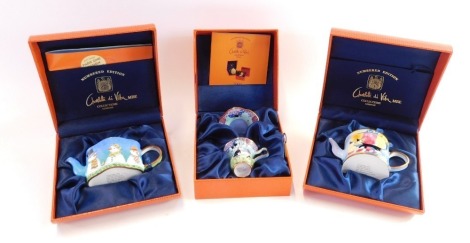 Three Charlotte Di Vita enamel collector's teapots, comprising a Bella Giornata teapot., a Snowman teapot., and a Romantica mini cup and saucer.