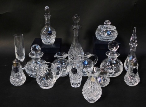 A group of Stuart Crystal, to include miniature vases, salt and pepper pot, milk jugs, decanters and stoppers, scent bottles, etc. (some boxed)