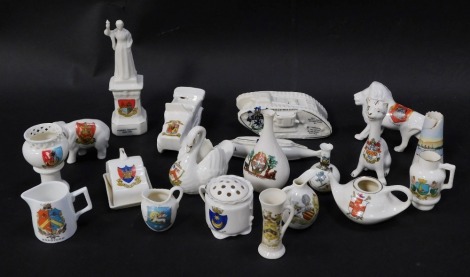 A group of crested china, to include Whitby E1 submarine, HMS Donna Blitzen tank, Florence Nightingale statue, animal crested wares, etc.