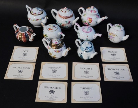 A group of Victorian Albert Museum teapots, to include The Chelsea Derby, Furstenberg Tornay, Worcester, Mennecy, Bow, Hochst, Chinese and Meissen. (9, some with certificates)