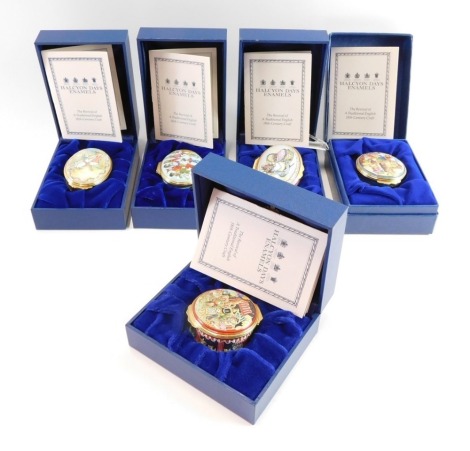 Five Halcyon Days enamels pill boxes, comprising Come To The Fair Bears, Beatrix Potter fox and Jemima Puddle Duck, box number 3116, Peter Rabbit by Beatrix Potter, and bears enamel. (5, boxed)