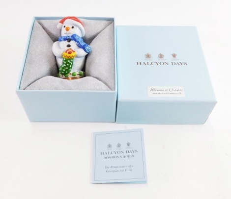 A Halcyon Days enamels snowman pill box, 8cm high, boxed, with certificate.