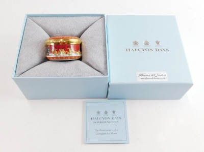 A Halcyon Days enamels Christmas 2002 enamel pill box, boxed with certificate.