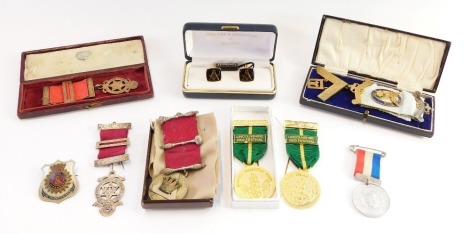 A group of Masonic regalia, Masonic silver and enamel jewels, cufflinks, a Pax Optima Reform blue ribbon badge, and two Lincolnshire 2003 Festival sample badges. (a quantity)