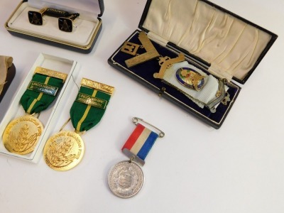 A group of Masonic regalia, Masonic silver and enamel jewels, cufflinks, a Pax Optima Reform blue ribbon badge, and two Lincolnshire 2003 Festival sample badges. (a quantity) - 2