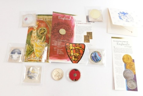 A group of Royal Mint silver and other collectors coins, to include one pound coin for England 1997, in presentation folder, the British military aircraft proof coin, the remembrance proof coin, a Sir Winston Churchill proof coin, the 2012 five pound silv