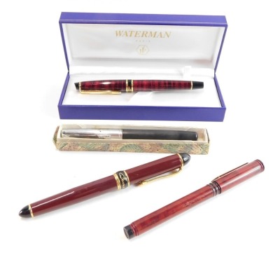 A group of pens, to include a Waterman Harris fountain pen, Waterman biro, a Parker fountain pen, and a Gnum Italian biro, one boxed. (a quantity)