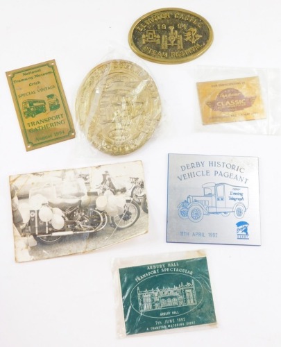 A group of brass steam badges, Brompton steam badge, Southwell show 1983, Elveston Castle steam festival, and other steam and transport plaques. (a quantity)