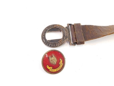 A leather boy scout belt, and a red enamel boy scout fox pin. (2) - 2