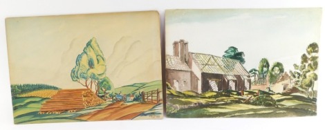 H R Spuran (British, early 20thC). Derelict farmhouse, country landscape with felled timber, pair of watercolours, signed, dated 1939, 27cm x 37cm.