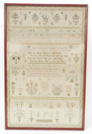 A George III sampler, by Ann Southwell, August 2nd 1785. stitched with vases of birds and flowers, cornucopia, dogs, alphabet, and two verses, Give Me A House That Never Will Decay... Give Me A Ruler That Can Rule My Heart, and The Priest No Suplice White