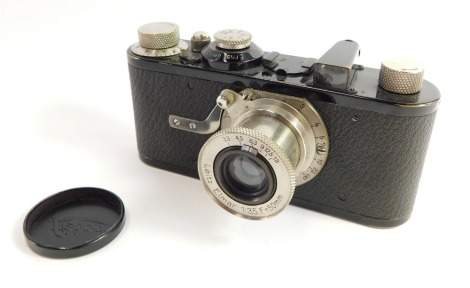 An Ernst Leitz Wetzlar Leica 1a camera camera, circa 1930, No 25894, with a Leitz Elmar f3.5 50mm lens.