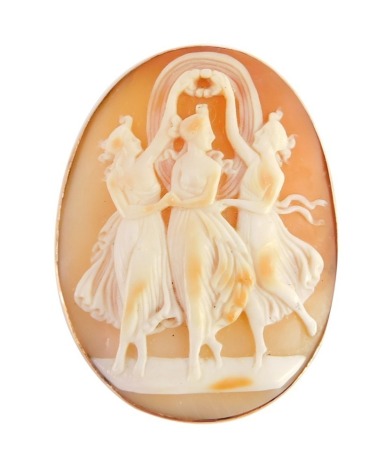 A 9ct gold shell cameo brooch, depicting the Three Graces, 13.9g all in.