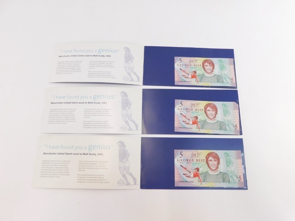 Three George Best commemorative £5 notes in folders.