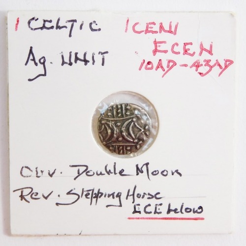 A Celtic AG unit coin, Iceni Ecn, circa 10-43AD, obverse Double Moon, reverse stepping horse, Ex Philip Court collection.