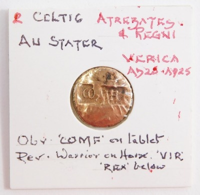 A Celtic AU Stater, Atrebates and Regni, Verica, cAD20-25, obverse "COMF", on tablet, reverse a warrior on horse.