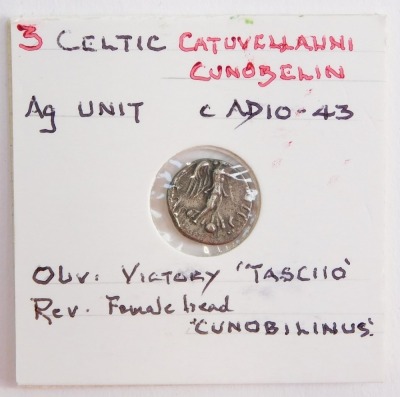 A Celtci AG unit, Catuvellawni Cunobelin, cAD10-43, obverse Victory "TASCIIO" reverse a female head "Cunobilinus".