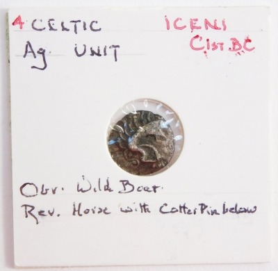 A Celtic AG unit, Iceni, 1stC BC, obverse a wild boar, reverse a horse with cotter pin below.