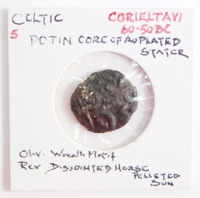 A Celtic Potin core of OAU plated stater, Corieltavi, c60-50BC, obverse a reef motif, reverse a disjointed horse and pelleted sun.