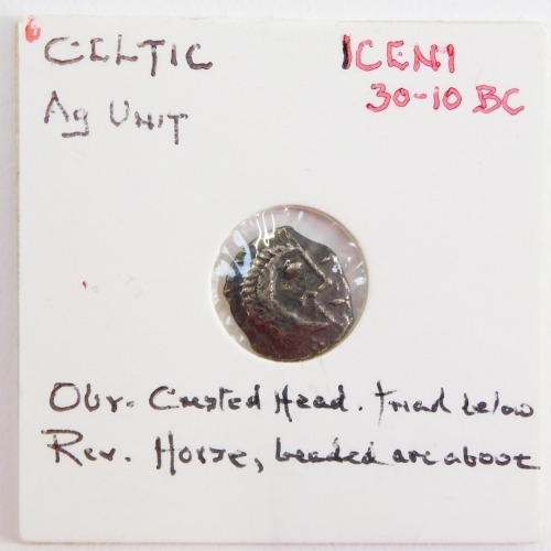 A Celtic AG unit, Iceni, c30-10BC, obverse a custed head with triad below, reverse a horse, beaded arc above, attributed to Queen Boudicca, by R D von Arsdell, X Larry Baker collection.