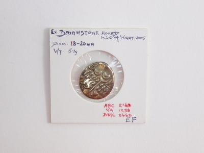 A Celtic AG stater, Durotriges, c58-45BC, obverse Durotigan reef, reverse disjointed horse safety pin head, X Brighstone hoard, Isle of Wight 2005. - 2