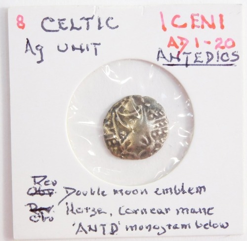 A Celtic AG unit, Iceni, cAD1-20, antedics, obverse horse, reverse double moon emblem, Cornear Mane, "ANTD" monogramme belowe, X P Cort collection.