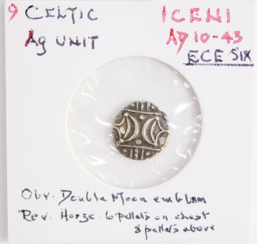 A Celtic AG unit, Iceni, cAD10-43, ECE six, obverse double moon emblem, reverse horse, six pellets on chest, eight pellets above, reportedly from North Cambridgeshire.