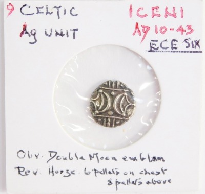 A Celtic AG unit, Iceni, cAD10-43, ECE six, obverse double moon emblem, reverse horse, six pellets on chest, eight pellets above, reportedly from North Cambridgeshire.