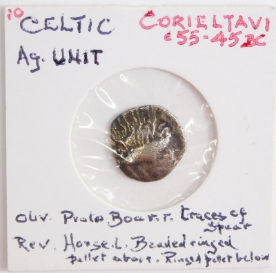 A Celtic AG unit, Corieltavi, c55-45BC, obverse prato boar with traces of a spear, reverse a horse with beaded and ring pellet above ringed pellet also below, reportedly north of the A158 near Hemmingby.