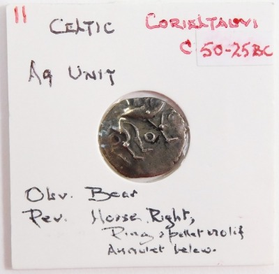 A Celtic AG unit, Corieltauvi, c50-25BC, obverse bear, reverse a horse rider with ring and pellet motif, amulet below, Alan Harrison collection.