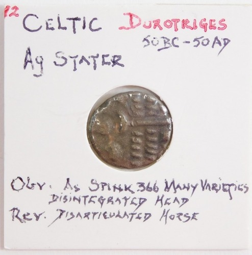 A Celtic AG stater, Durotriges, c50BC-50AD, obverse a disintegrated head, reverse a disarticulated horse.