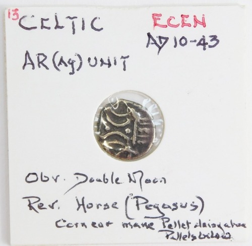 A Celtic AR (AG) unit, Ecen, cAD10-43, obverse a double moon, reverse a horse (Pegasus), cornea main pellet, daisy above and pellet below.