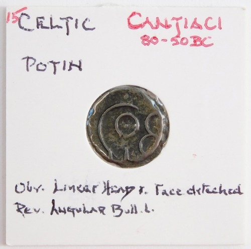 A Celtic Potin Cantiaci, c80-50BC, obverse a linear head with face detached, reverse and angular bull, X J Faye/A Cooper collections.