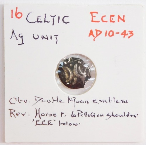 A Celtic AG unit, Ecen, cAD10-43, obverse double moon emblem, reverse horse with six pellets on shoulder, "ECE" below.