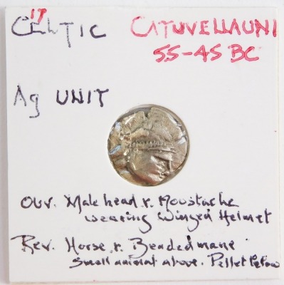 A Celtic AG unit, Catuvellauni, c55-45BC, obverse a male head with mustache and wearing a winged helmet, reverse a horse with beaded mane, small animal above and pellet below.