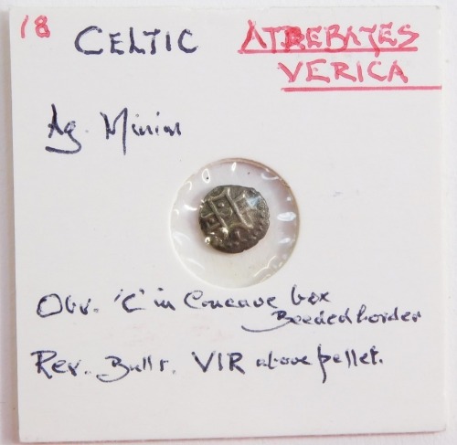 A Celtic AG minim, Atrebates Verica, obverse "C" in concave box with beaded border, reverse a bull and "VIR" above pellet.