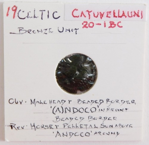 A Celtic bronze unit, Catuvellauni, c20-1BC, obverse a male head and beaded border, "(A)ndoco" in front, beaded border, reverse horse and pellet, with sun above, "Andcco" around, x Terry Skeet collection.