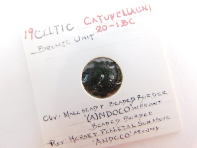 A Celtic bronze unit, Catuvellauni, c20-1BC, obverse a male head and beaded border, "(A)ndoco" in front, beaded border, reverse horse and pellet, with sun above, "Andcco" around, x Terry Skeet collection. - 4