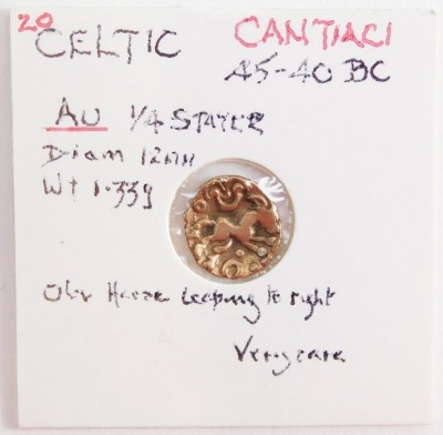 A Celtic AU quarter stater, Cantiaci, c45-40BC, obverse a horse leaping to right.