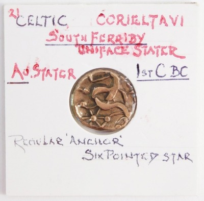 A Celtic AU stater, Corieltavi, South Ferriby Uniface stater, c1stC BC, decorated with a regular anchor six pointed star.