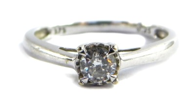 A diamond solitaire ring, with round brilliant cut diamond in four claw setting, 0.25cts, on splayed shoulders, ring size O½, 1.8g all in. - 6