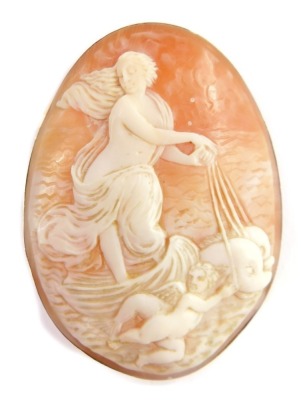 A 19thC shell cameo brooch, depicting venus with her water cart of dolphins, in a yellow metal mount, marked 750, 6cm x 5cm, 23.8g all in. - 5