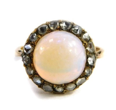 An opal and diamond dress ring, with spherical opal surrounded by old cut diamonds, on basket setting, yellow metal, marked 18ct, ring size N½, 3.8g all in, boxed. - 5