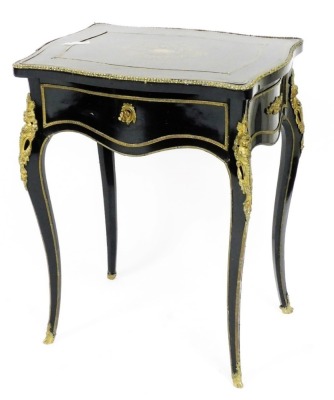 A 19thC Louis XV style ebonised and ormolu mounted ladies dressing table, the Boulle inlaid and shaped hinged top enclosing a mirror back and fitted interior above a frieze drawer, on cabriole legs, 74cm high, 58cm wide, 43cm deep.