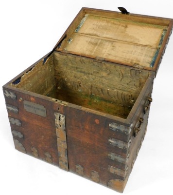 A 19thC Bracher and Sydenham Silversmiths, Reading oak and metal bound silver chest, of squared form with a brass plaque applied to the front for Herbert C. Allfrey Esq. 12, the hinged lid enclosing a vacant interior, stamped brass makers plaque to inside - 2