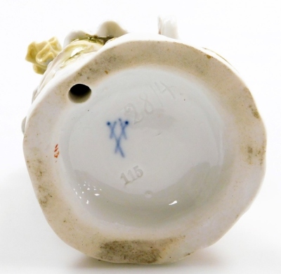 A Meissen porcelain figure group, of a young girl feeding cockerel, chicken and chicks, on a gilt highlighted circular base, blue cross swords mark to underside and impress number 115, 11cm high. (AF) - 3