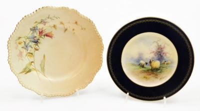 A collection of Royal Worcester porcelain cabinet plates, to include a plate decorated with sheep within a blue and gilt highlighted border, signed E. Barker, printed and impress marks to underside, 15.5cm diameter, a blush ivory plate decorated with flow - 4