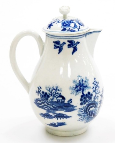 A late 18thC first period Worcester porcelain milk jug and cover, in the blue and white fence pattern, circa 1770, with flower bud finial, 13cm high.