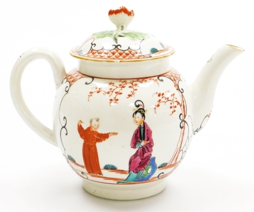 An 18thC first period Worcester porcelain teapot and cover, decorated with Oriental figures on a terrace and with flower finial to the cover, circa 1765-1768, 14cm high.