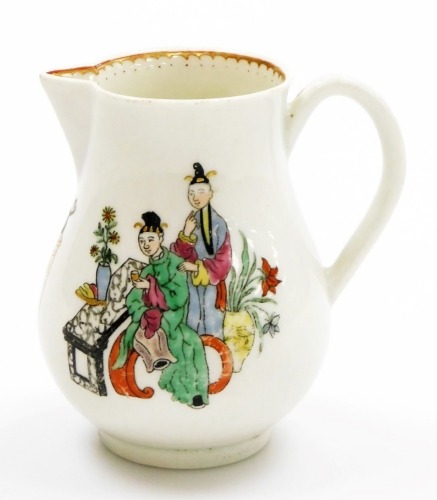 An 18thC first period Worcester sparrow beak porcelain cream jug, decorated with Oriental figures on a terrace, circa 1770, 8.5cm high.